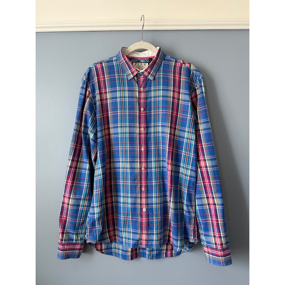 Men's Thomas Pink Shirtmaker Long Sleeve Button Up Blues Pinks Plaid Size Medium
